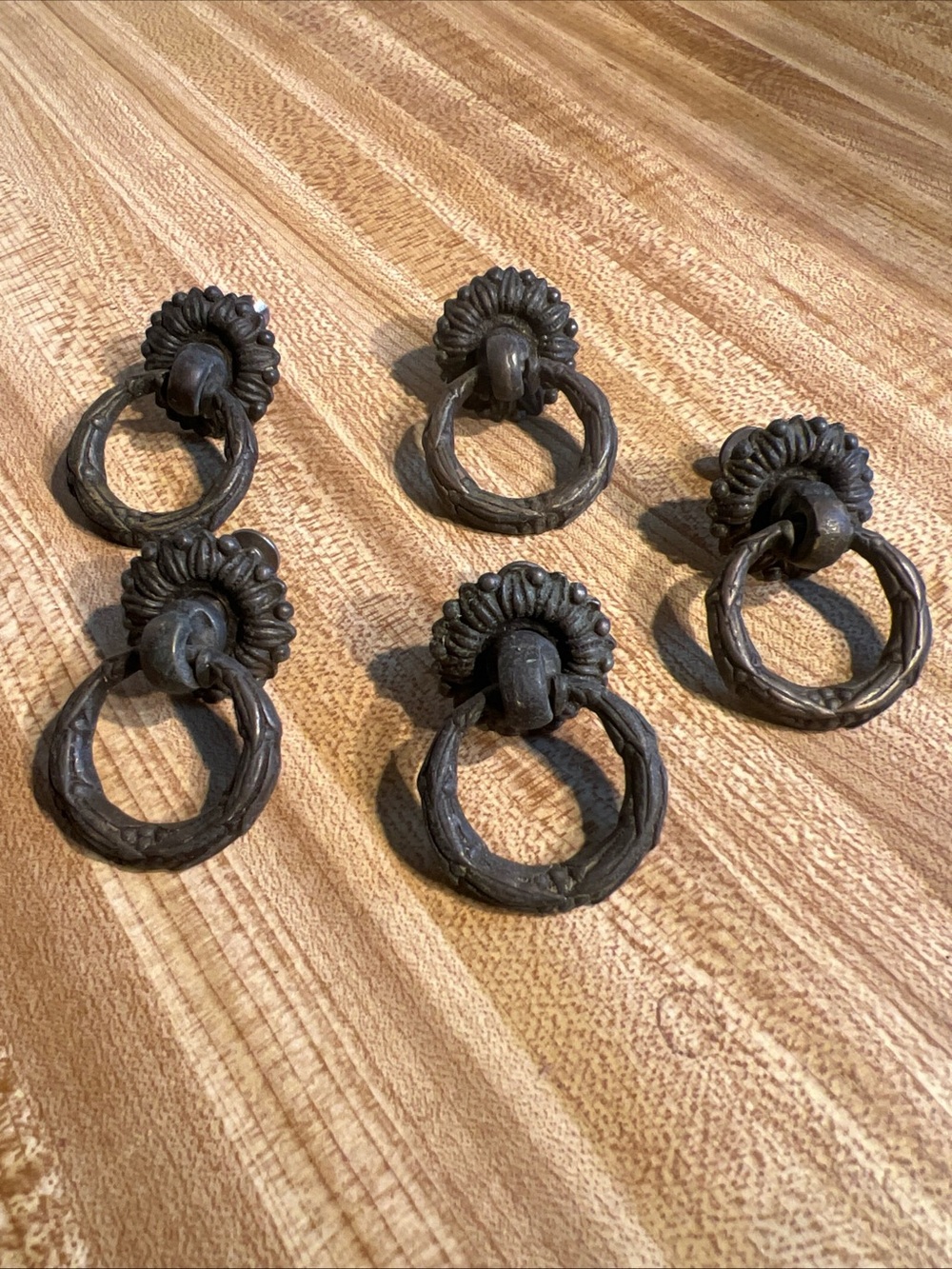 5 Vintage Antique Drop Pull Drawer Dresser  Hardware Brass Ring 2” With Screws